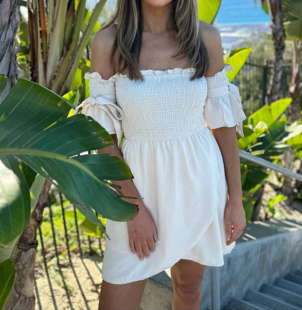 NEW ALAMIA samantha off shoulder smocked mini dress in cream